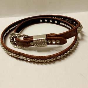 Narrow Camel Brown Genuine Leather Belt, Decorated with Clear Rhinestones, ML